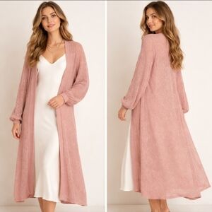 H&M Dusty Rose Lace Knit Long Cardigan Duster XS Lightweight Romantic Pink